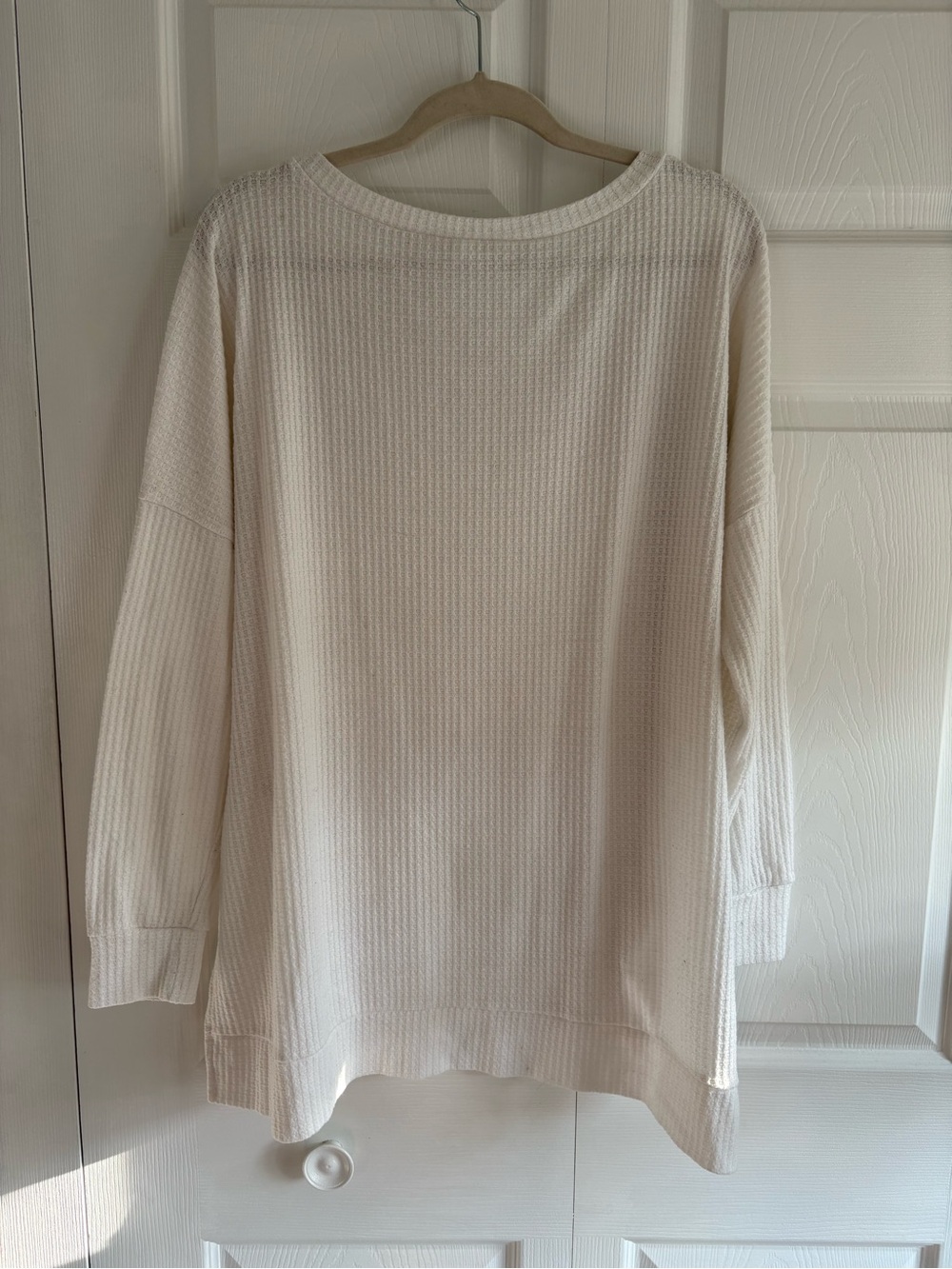 Zenana Outfitters White Thermal Waffle Crewneck Long Sleeve Top L Slouchy Relax - Picture 7 of 9
